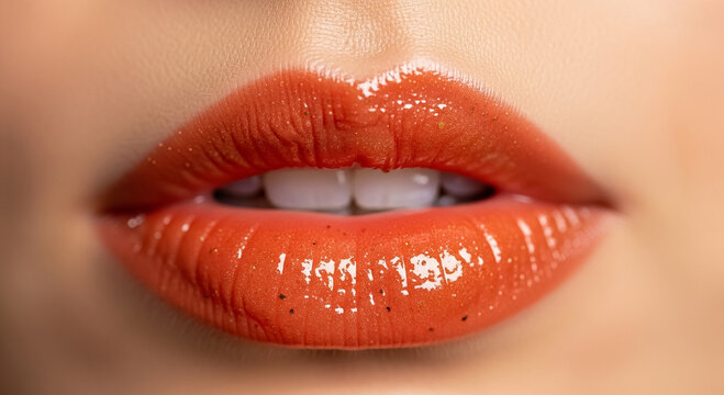 Extreme closeup reveals perfectly shaped, wet lips coated in vibrant orange high-shine lip gloss with subtle dark micro-particles.