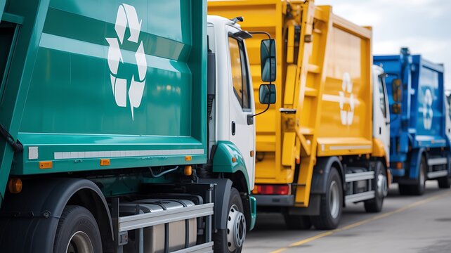 A row of colorful recycling trucks parked in a lot, ready for duty.