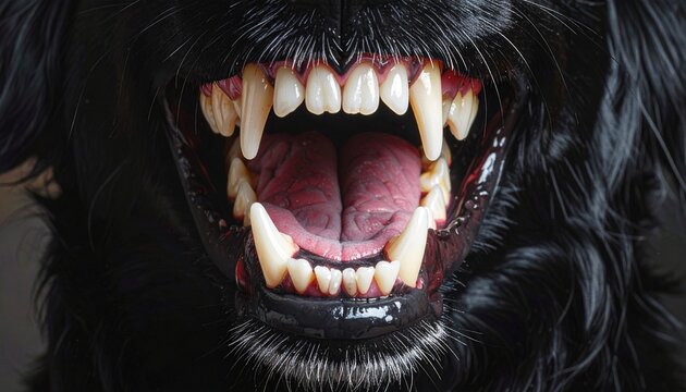 Dog's open mouth displaying sharp teeth showcasing animal aggression dental health and pet behavior in a close-up shot.