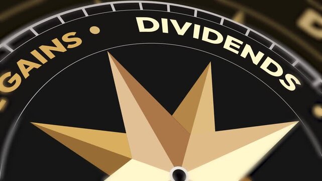 Abstract financial concept featuring capital gains and dividends on a modern compass design with golden geometric star shapes