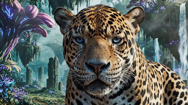 Close-up of a jaguar with blue eyes in a mystical, foggy jungle with alien flora