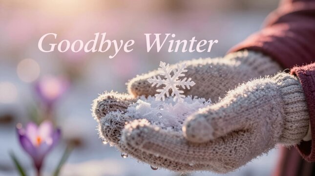 Hands hold snowflake while saying goodbye to winter in a garden setting with blooming flowers