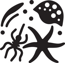 Undersea life silhouettes featuring starfish jellyfish and microscopic aquatic organisms © MOHINUR