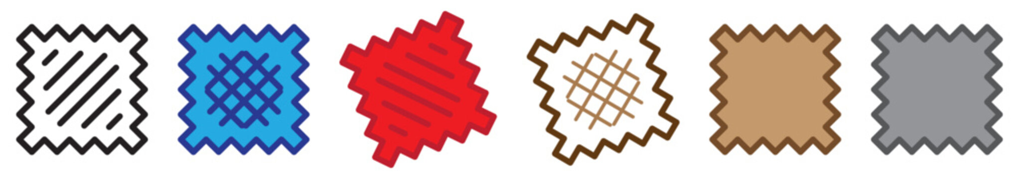 Set of fabric swatch icons in linear and solid color style, isolated on transparent background. Textile sample pieces symbolizing fashion design, garment production, tailoring, and light industry. 