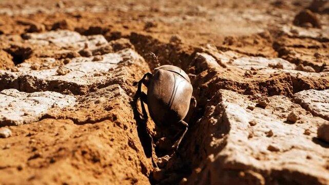 Close-up of a brown scarab beetle climbing and digging into cracked dry earth in natural light