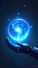 Naklejka premium Cybernetic Hand Holding Glowing Orb - Futuristic Tech Concept with Energy Ball and Innovation Spark.