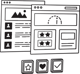 Website interface wireframe with browser windows and UI elements for software development