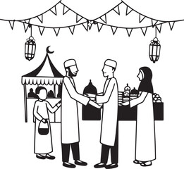Muslim family celebrating traditional holiday with street food stalls and festive lanterns