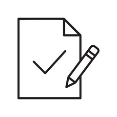 Minimalist black and white line icon of a document with a checkmark and pencil, representing completed tasks, surveys, and editing.