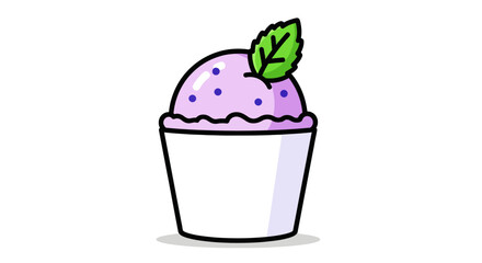 Cartoon Illustration of Blueberry Ice Cream Cup with Mint Leaf. © Roti