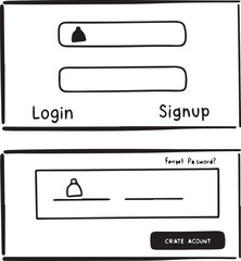 Login and signup page wireframes with simple input fields and account creation buttons set