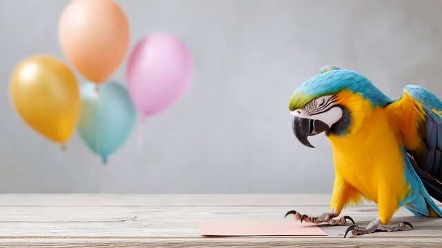Colorful macaw holding blank card in beak with balloons in background on wooden table