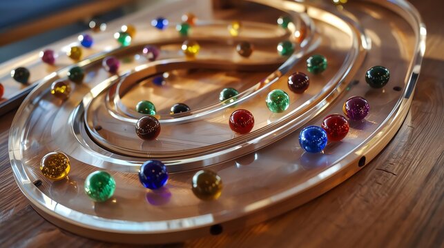 Colorful Glass Marbles Rolling on a Spiral Track in a Playful Indoor Setting