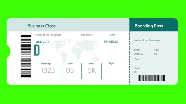 Denver to Phoenix business class boarding pass mockup with flight details and barcode on green background