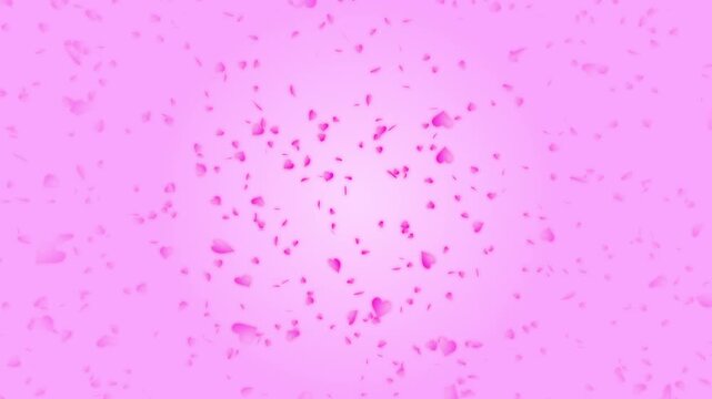 Pink heart shapes being lit up and falling down on pale pink gradient background. Abstract background for Happy Valentine's day and wedding ceremony.