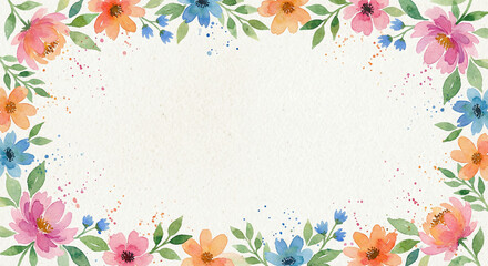 Obraz premium Flower Frame Rectangular Watercolor Hand Painted Splatter Artwork Pastel Pink Blue Orange Green Textured Paper Surface