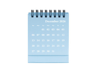 Desktop calendar for December 2026 in blue colour. Mini planner for business and finance, spiral view on isolated white background close up.