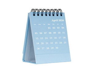Desktop calendar for April 2026 in blue colour. Mini planner for business and finance, spiral view on isolated white background close up.