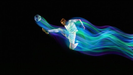 Digital artwork. Soccer player performing high kick with light waves on dark background. Concept of esports visuals, tournament graphics, athletic apparel promotion, performance marketing materials. © Lustre Art Group 