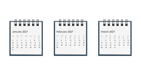 Set of three spiral desk calendars showing January, February, and March 2027. High-quality studio shot representing quarterly goals, scheduling, and organizational management.