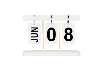 Professional studio shot of a white flip calendar showing June 08. Isolated on white background with clipping path. Perfect for office stationery catalogs, web design, business scheduling themes