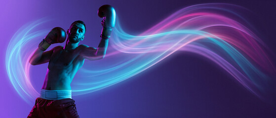 Creative collage. Male boxer throwing punch with colorful neon light trails on purple background. Concept of boxing training promo, sports club branding, and fitness motivation ads. Banner © Lustre Art Group 