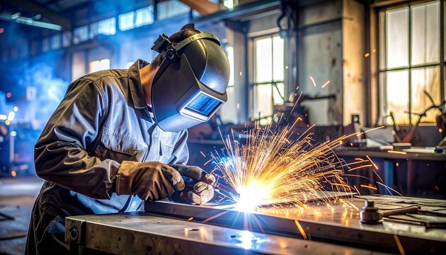 Skilled Welder at Work in Industrial Setting Showcasing Sparks and Precision Welding Technique.
