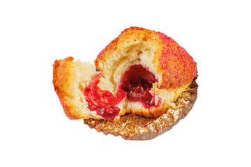 Close up of a fresh golden muffin broken in half to show rich red berry jam inside. Isolated on white background. Perfect for bakery advertisements, dessert menus, or food packaging design.