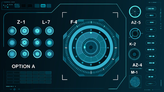 Futuristic interface display with circular elements and labeled control panels