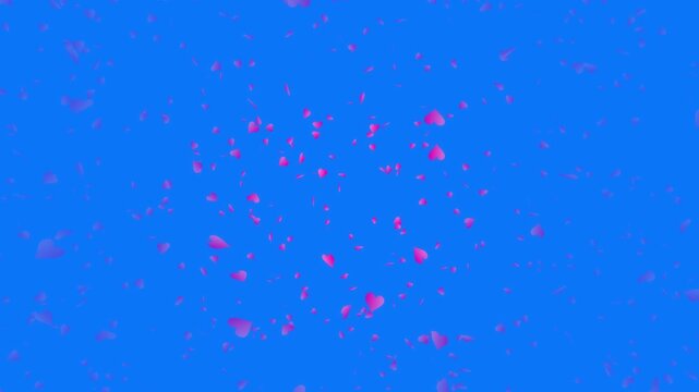 Pink heart shapes being lit up and falling down on blue background. Abstract background for Happy Valentine's day and wedding ceremony.