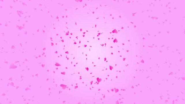Pink heart shapes being lit up and falling down on pale pink gradient background. Abstract background for Happy Valentine's day and wedding ceremony.
