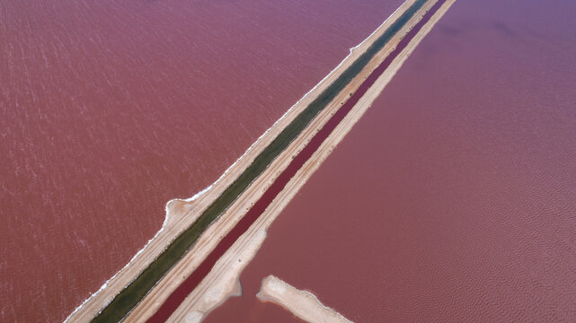 Aerial view of a pink lake bisected by contrasting green and neutral-toned strips, creating a surreal, painterly effect on the water's surface, Yallabatharra, Western Australia, Australia.