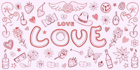 Naklejka premium A whimsical doodle illustration featuring hearts fruits and the word love