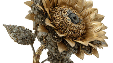 Ultra-detailed mechanical sunflower with golden gears background isolated on a Transparent background, PNG file.