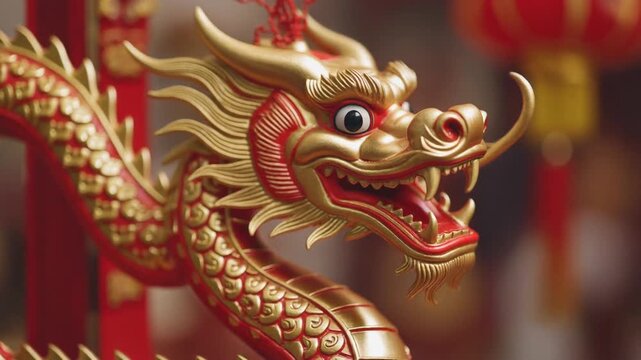 Golden dragon statue on display with vibrant red decorations around