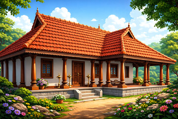 Traditional Kerala Style House with Red Tile Roof and Wooden Pillars in Lush Garden