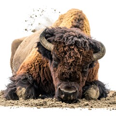 Buffalo lying down, resting on the ground with dust in the air on a bright white background