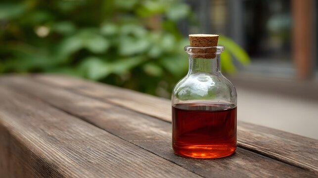 Small glass bottle with amber liquid and cork stopper on a rustic wooden bench with blurred green foliage background