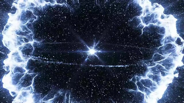 Dynamic blue energy current swirling in the dark cosmic void, an abstract representation of powerful celestial forces and gravitational pull in deep space
