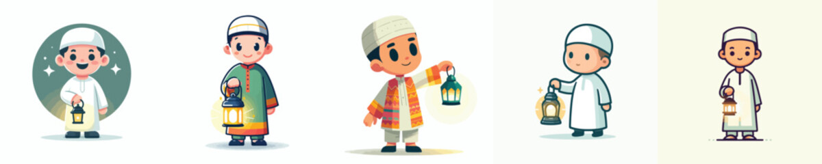 vector little muslim boy standing holding ramadan lantern