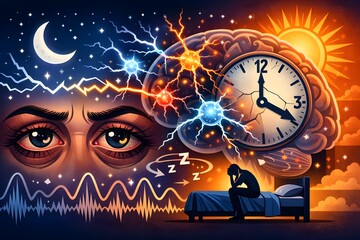 Insomnia Effect on the Brain Showing Tried Eyes Restless Neurons and Disrupted Circadian Rhythm 