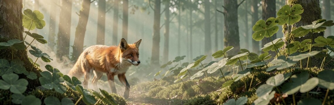 Red fox in lush forest with sun rays illuminating scenic wilderness