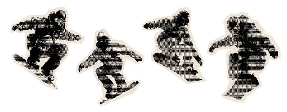 Grunge halftone snowboarder jump silhouettes winter extreme sports graphic set