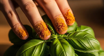 Aromatic Saffron and Turmeric Spices on Fingers Over Fresh Green Basil Leaves