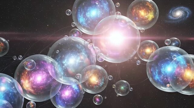 This captivating abstract animation presents a mesmerizing vision of interconnected cosmic bubbles, each containing a vibrant, glowing nebula or miniature galaxy. Against a vast, star-studded dark exp