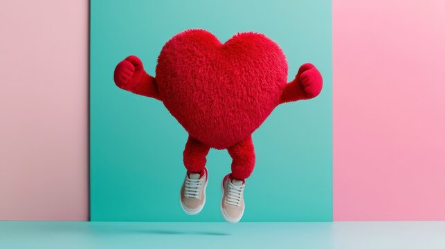 A fluffy red heart with arms and legs wearing sneakers jumps joyfully against a pastel blue and pink background.