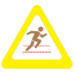 A  triangular warning sign icon featuring a silhouette illustration of a person walking indicates a pedestrian crossing for road safety