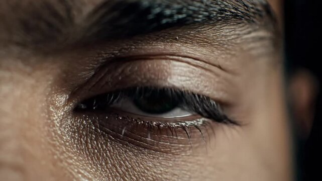 Intimate Macro Shot of a Person's Eye, Showing Details of Iris, Eyelashes, and Tear