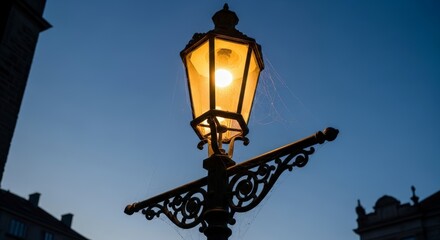 Vintage street lamp at dusk outside.