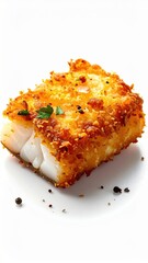 Crispy golden brown baked fish fillet with herbs and pepper isolated on white background studio lighting delicious seafood preparation healthy eating